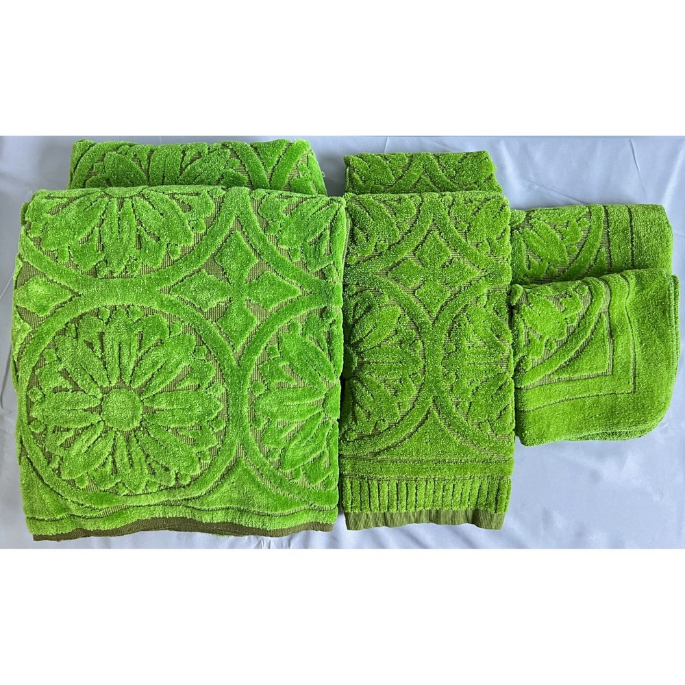 Set of 6 Vintage Milliken Callaway Moss Green Sculpted Towels Cotton Floral NOS